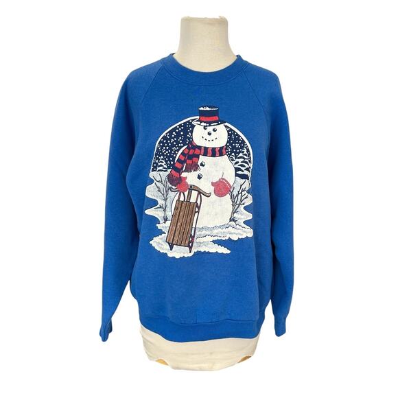 Fruit Of The Loom Blue Large Vintage Snowman Painted Sweatshirt Winter Sled - Picture 1 of 7